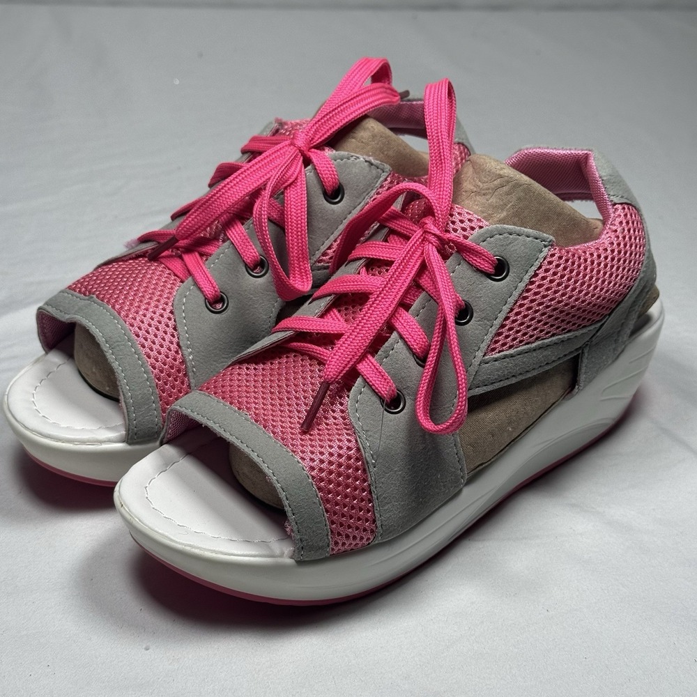 Womens Platform Sandals Pink Mesh Lace Up Comfort Casual US 8 Wedge